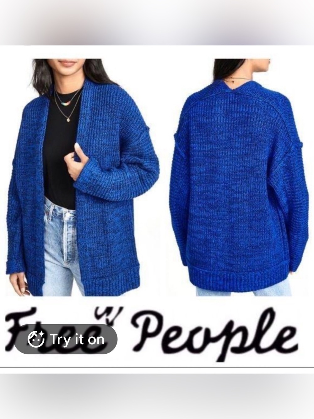 Free People Cobalt Blue Oversized Open Front Chunky Knit Cardigan Sweater L - Picture 2 of 9